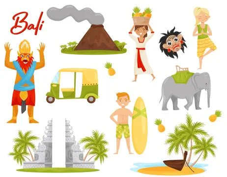 Flat vector set of icons related to Bali theme. Volcano, historical monument Ilustración de archivo