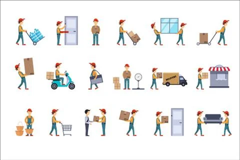 Flat vector set of illustrations for delivery concept. Loaders with parcels, man Stock Illustration