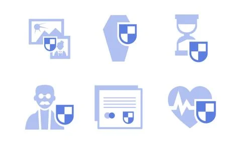 Flat vector set of insurance icons. Health, life, travel, old protection Stock Illustration