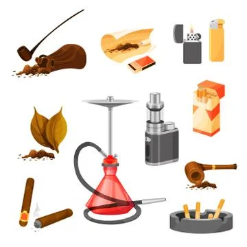Flat vector set of items related to smoking theme. Tobacco and pipes, cigars Illustrazione stock