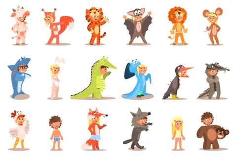Flat vector set of kids in carnival costumes cow, squirrel, tiger, bat, lion Stock Illustration