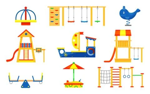 Flat vector set of kids playground elements. Carousels, slides, ladders, wooden Stock Illustration