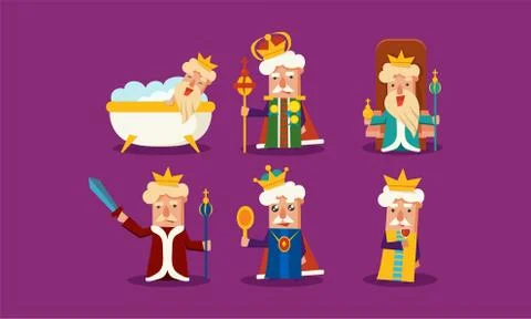 Flat vector set of king in different situations standing with staff and sword Stock Illustration