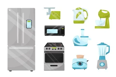 Flat vector set of kitchen electronic appliances. Household items. Elements for Stock Illustration