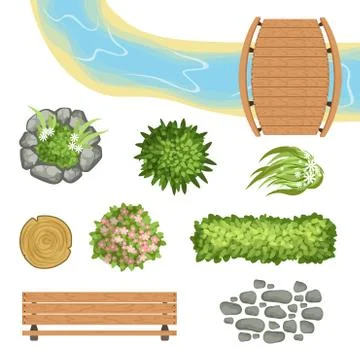 Flat vector set of landscape elements. Wooden bridge and bench, stump, river Stock Illustration