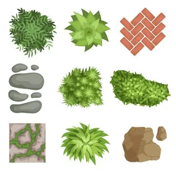 Flat vector set of landscape elements. Green plants, stones, different types of Stock Illustration
