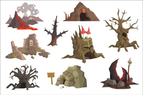 Flat vector set of landscape elements. Volcano with hot lava, ruins, swamp, old Stock Illustration