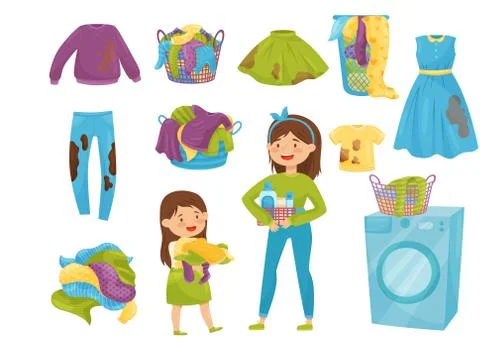 Flat vector set of laundry icons. Baskets with dirty clothes. Washing machine Illustrazione stock
