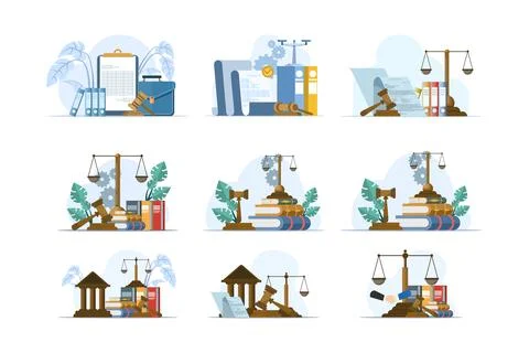 Flat vector set of law and justice scenes with attorney consulting client イラスト素材
