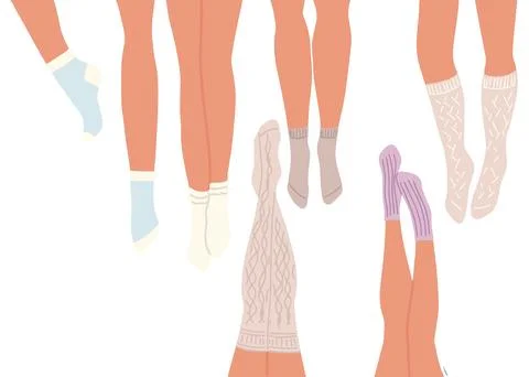 Flat vector set of legs in different socks lying on the floor. Stock Illustration