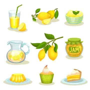 Flat vector set of lemon food and drinks. Bright yellow citrus fruit. Tasty Stock Illustration