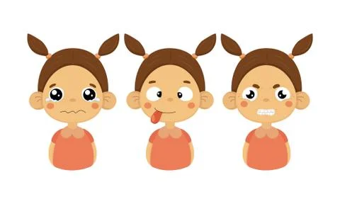 Flat vector set of little girl with different facial expressions. Crying child Stock Illustration