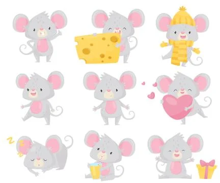 Flat vector set of little mouse in different situations. Small rodent with big 스톡 일러스트