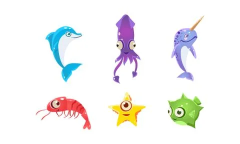 Flat vector set of marine creatures with big eyes. Sea animals. Elements for Stock Illustration