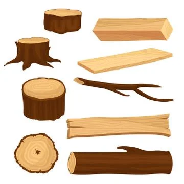 Flat vector set of materials for wood industry. Old tree stumps and branch, long Ilustración de archivo