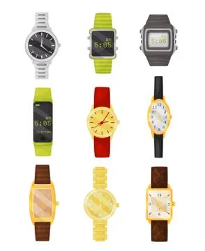Flat vector set of mechanical and digital wrist watches. Stylish accessory Illustrazione stock
