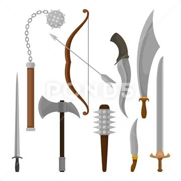 Flat Vector Set Of Medieval Weapon. Viking Battle Axe And Maces, Bow With Arrow