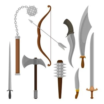 Flat vector set of medieval weapon. Viking battle axe and maces, bow with arrow Stock Illustration