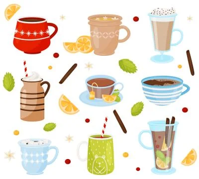 Flat vector set of mugs with tasty drinks. Delicious beverages. Coffee, hot Illustrazione stock