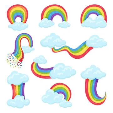 Flat vector set of multicolored rainbows with blue fluffy clouds. Decorative イラスト素材