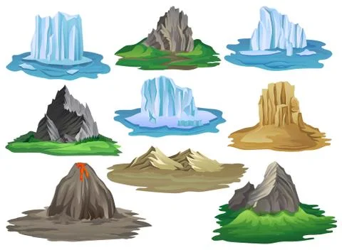 Flat vector set of natural landscape elements. Mountains surrounded with green Stock Illustration