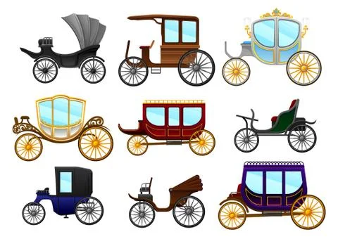 Flat vector set of old horse-drawn carriages. Vintage vehicles for passengers Stock Illustration