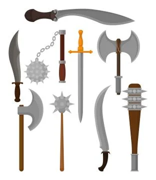 Flat vector set of old weapon. Battle axes, knight swords and daggers, sabers Stock Illustration