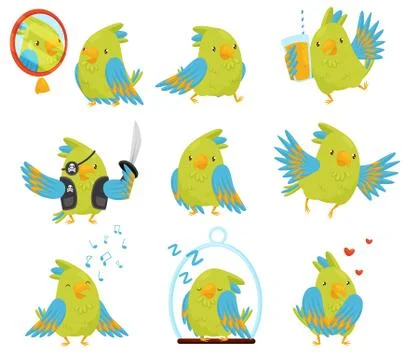 Flat vector set of parrot in different situations. Cute bird with bright green イラスト素材