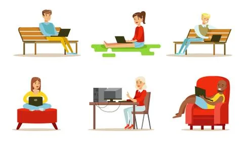 Flat vector set of people with computers. Young girls and guys using laptops Stock Illustration