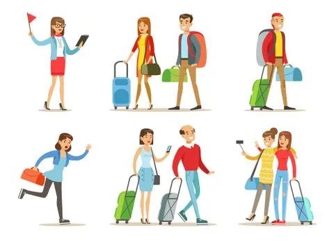 Flat vector set of people with travel bags. Tourist guide, couples with luggage Stockillustratie