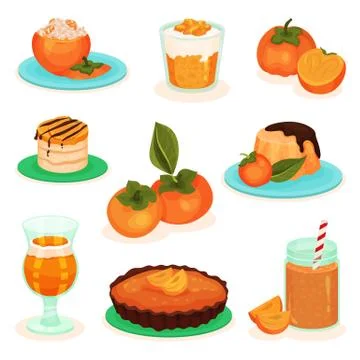 Flat vector set of persimmon drinks and food. Tasty fruit desserts. Cheesecake Stock Illustration
