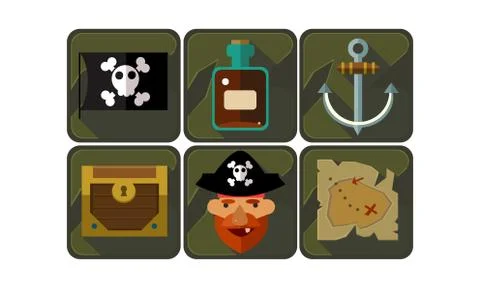 Flat vector set of pirate game icons. Black flag with skull and bones, bottle of Stock Illustration