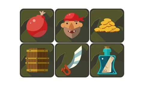 Flat vector set of pirate game symbols. Bomb, freebooter, golden coins, wooden Stock Illustration