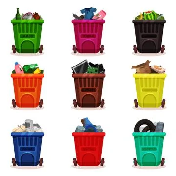 Flat vector set of plastic containers with different types of waste. Garbage Stock-Illustration