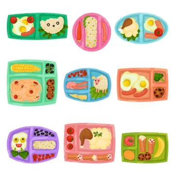 Flat vector set of plastic lunch boxes with food. Containers with meal. Mashed Stock Illustration
