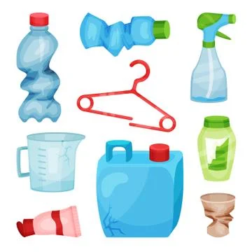 Flat vector set of plastic waste. Crumpled bottles and cup, broken hanger 스톡 일러스트