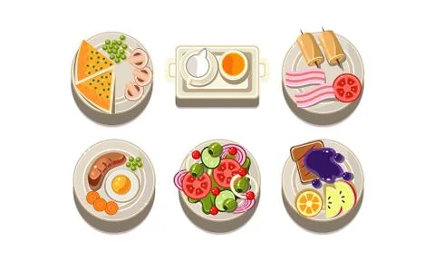 Flat vector set of plates with different dishes. Tasty food. Elements for Stock Illustration