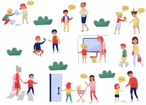 Flat vector set of polite children in different situations. Kids with good 스톡 일러스트