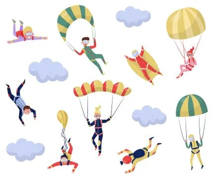 Flat vector set of professional skydivers. Extreme sport. Young wingsuit jumper 库存插图