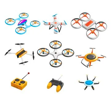 Flat vector set of quadrocopters, remote controller and joystick. Unmanned Illustrazione stock