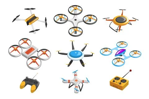 Flat vector set of quadrocopters, remote controller and joystick. Unmanned Ilustración de archivo