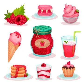 Flat vector set of raspberry food and drink. Ice-cream, jar of jam, fresh Stock Illustration