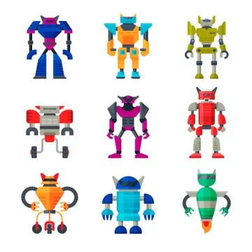 Flat vector set of robot transformers. Futuristic metal androids. Artificial Stock Illustration