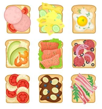 Flat vector set of sandwiches with different ingredients. Toasted bread slices Illustrazione stock