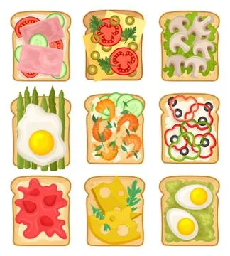 Flat vector set of sandwiches with different ingredients. Toasted bread slices Illustrazione stock
