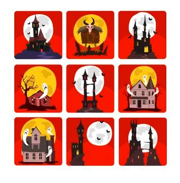 Flat vector set of scary castles with full moon and bats, old houses with ghosts Illustrazione stock