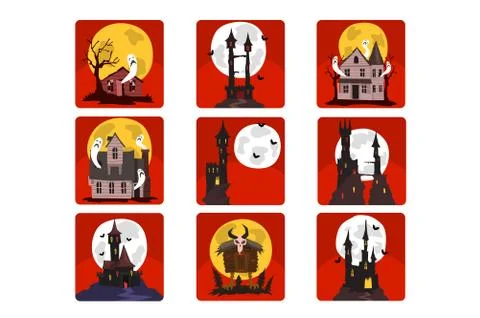 Flat vector set of scary castles with full moon and bats, old houses with ghosts Illustrazione stock