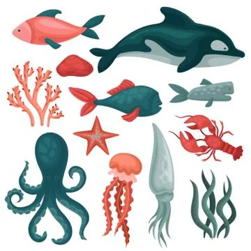 Flat vector set of sea animals and objects. Fishes, jellyfish, red crab, squid Stock Illustration