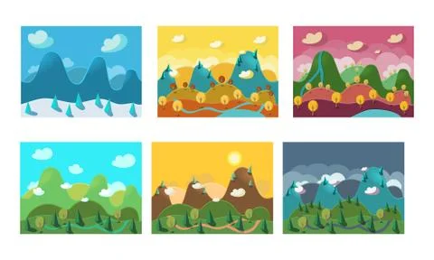 Flat vector set of seamless landscapes with mountains, hills and forests. Nature Stock Illustration