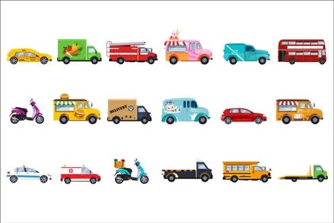 Flat vector set of service vehicles. Police car, taxi, fire engine, ambulance Stock Illustration